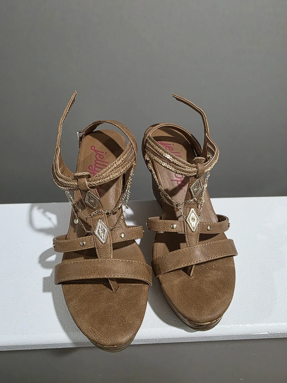 Jellypop Brown Wedge Sandals with Chain & Gem Accents